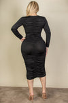 Curvy Plus Size Ruched Long Sleeve Midi Dress