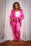 Pink Satin Pants Set with Feathers